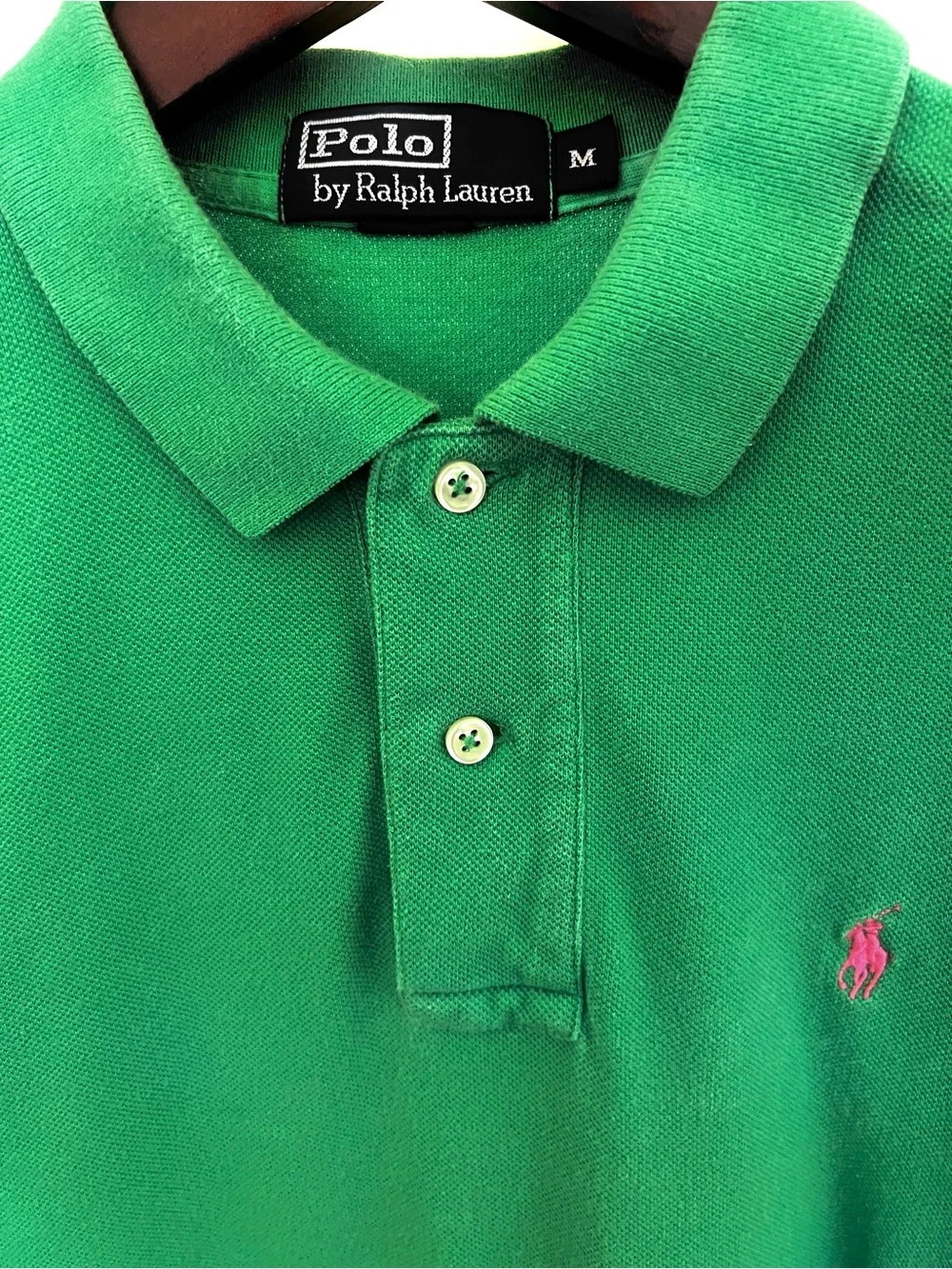 Vintage Ralph Lauren Weathered Green Polo Shirt with Pink Logo Classic Fit M